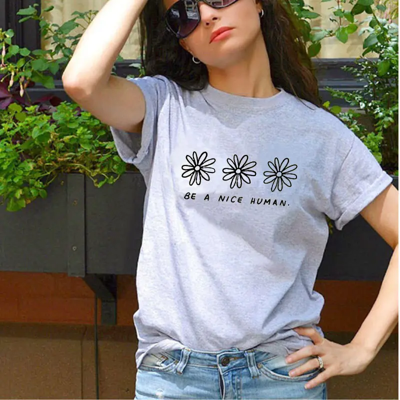 Men Women Floral Print T-Shirt Grey Be Nice Human - Image 3