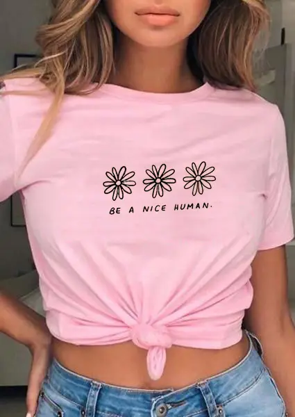 Men Women Floral Print T-Shirt Grey Be Nice Human - Image 4