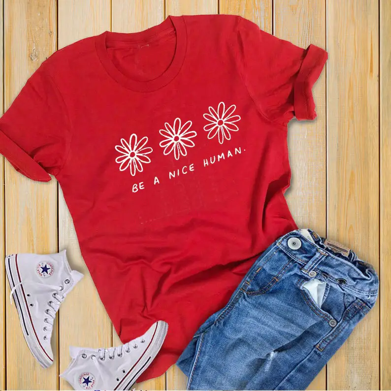 Men Women Floral Print T-Shirt Grey Be Nice Human - Image 8