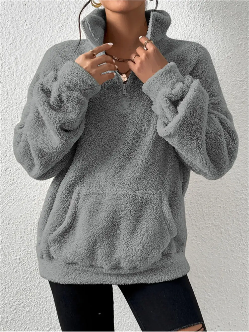 Women's Cream Fleece Hoodie with Zipper Front - Image 2