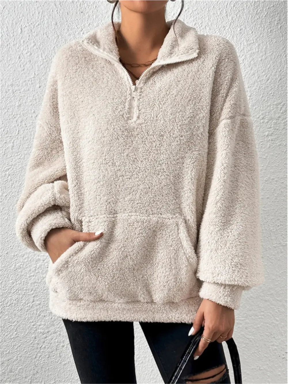Women's Cream Fleece Hoodie with Zipper Front - Image 5