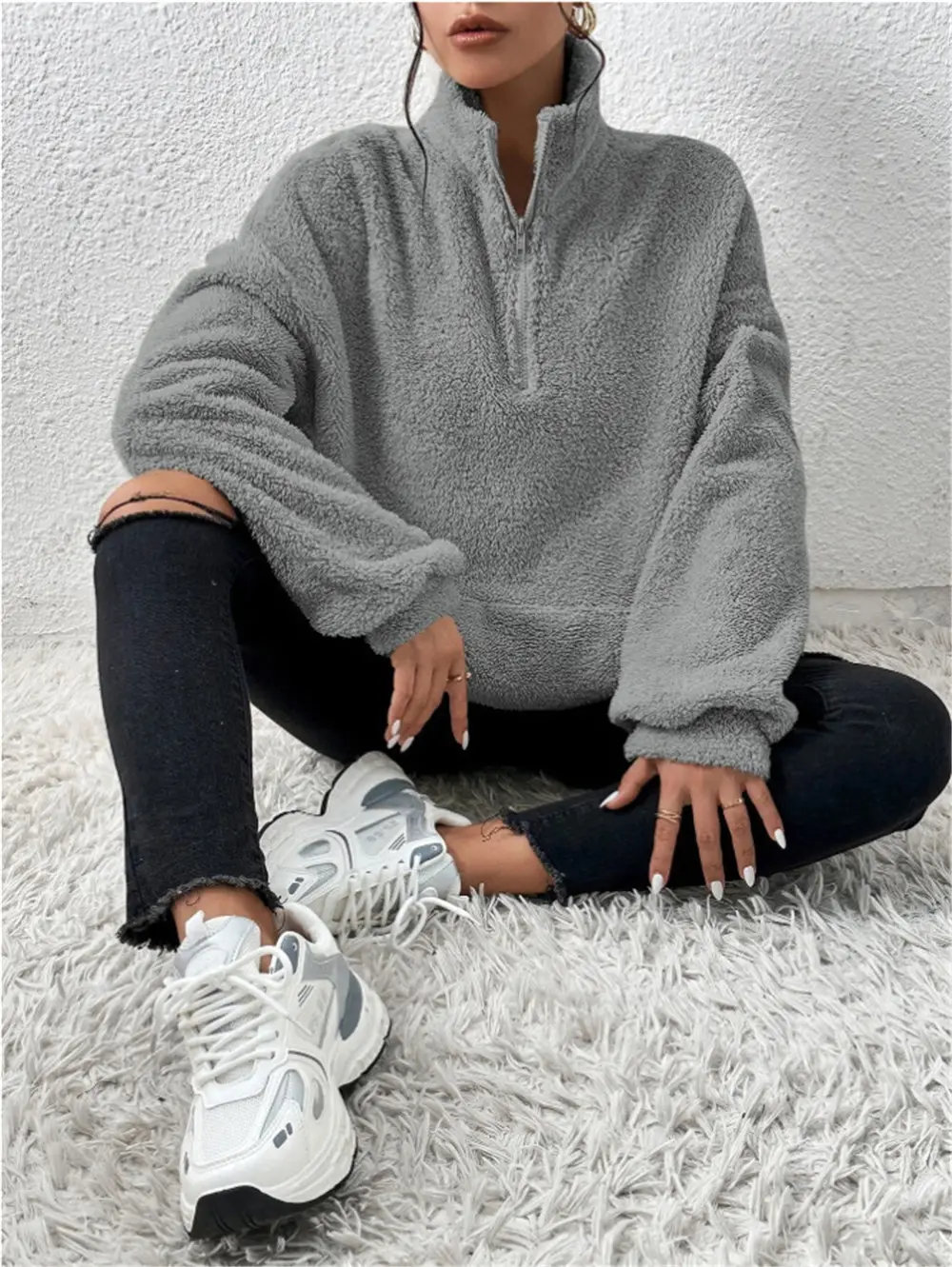 Women's Cream Fleece Hoodie with Zipper Front — feature 14