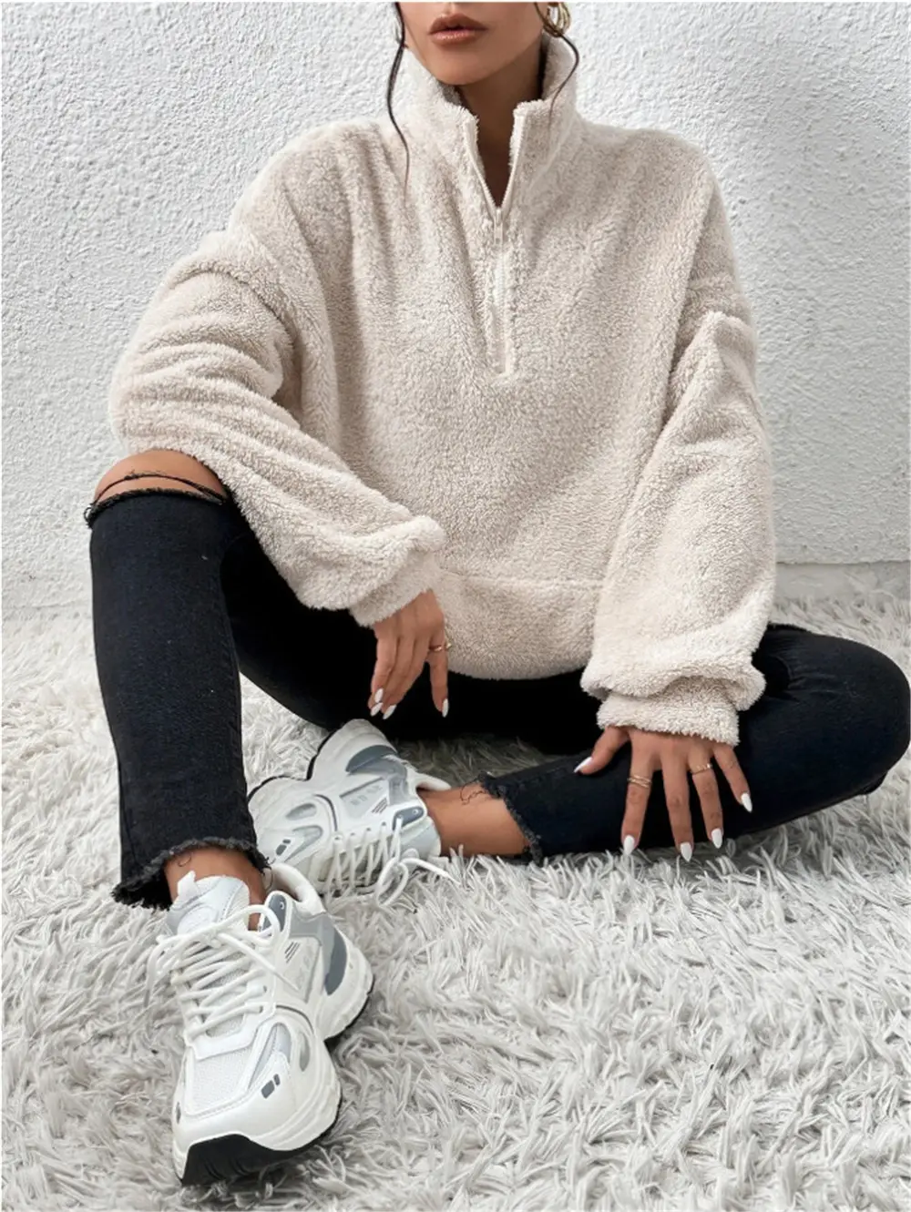 Women's Cream Fleece Hoodie with Zipper Front — feature 8