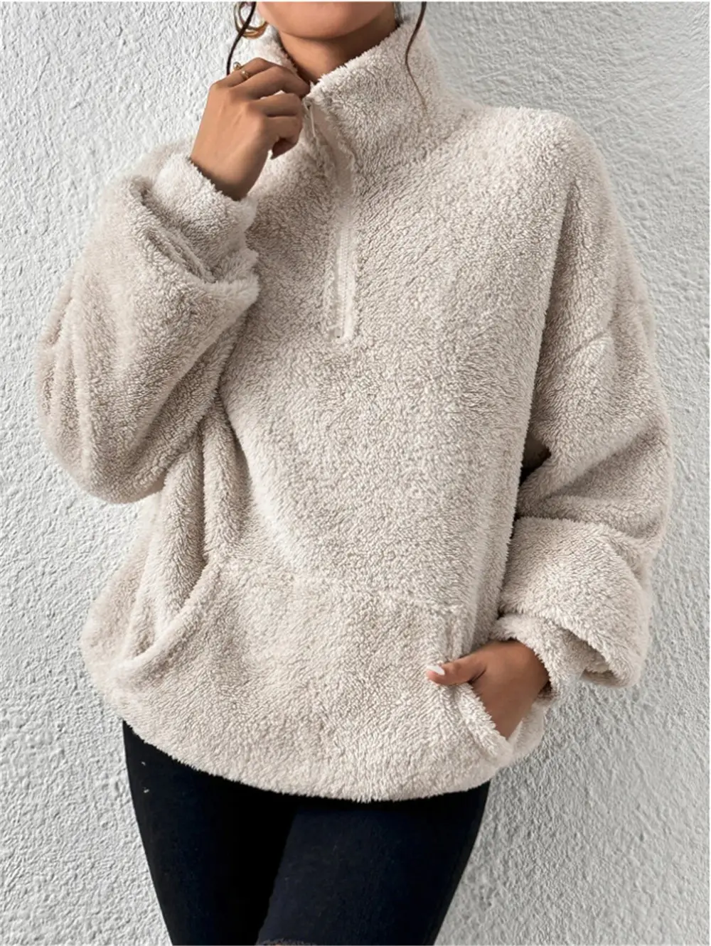 Women's Cream Fleece Hoodie with Zipper Front — feature 9