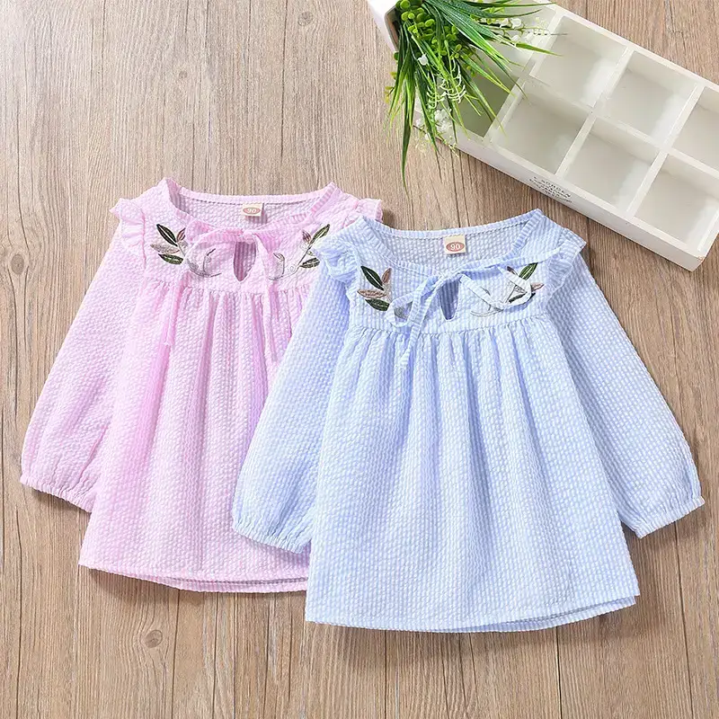2019 Girls Cotton Embroidered T-Shirts Pink Blue - Image 6