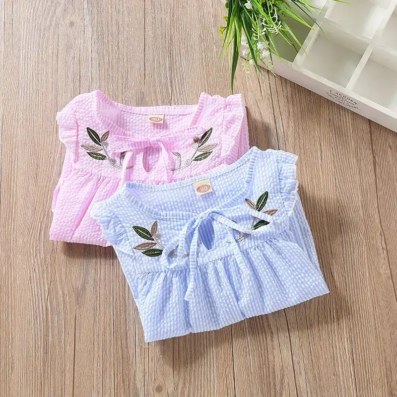 2019 Girls Cotton Embroidered T-Shirts Pink Blue - Image 7