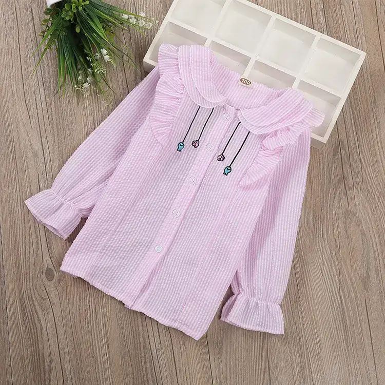 2019 Girls Cotton Embroidered T-Shirts Pink Blue - Image 4