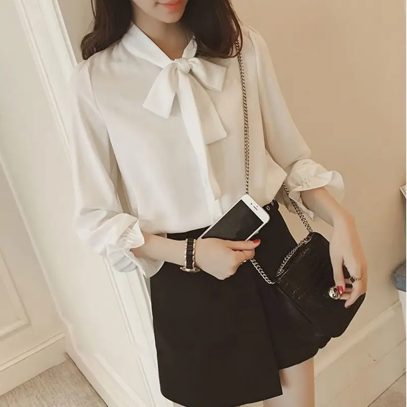 White Bow Long Sleeve Chiffon Shirt for Women - Image 7