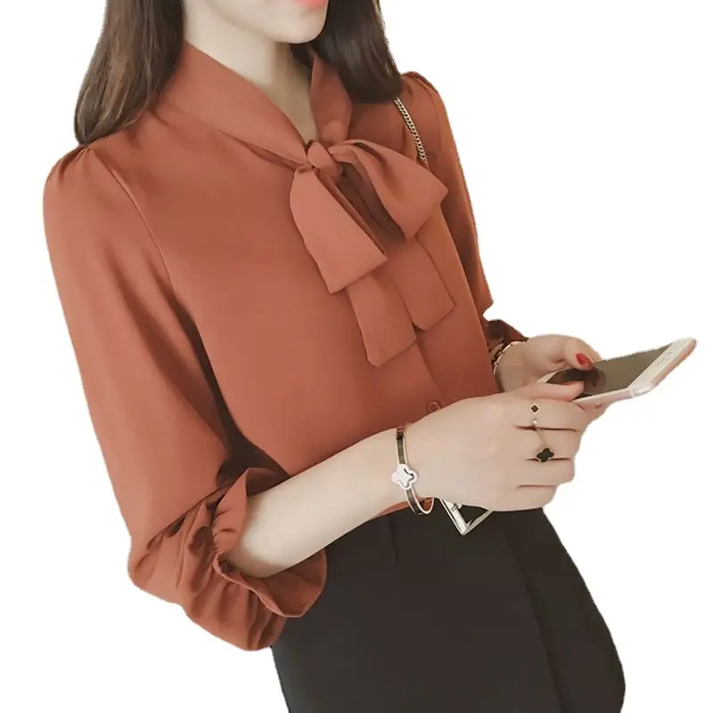 White Bow Long Sleeve Chiffon Shirt for Women - Image 8