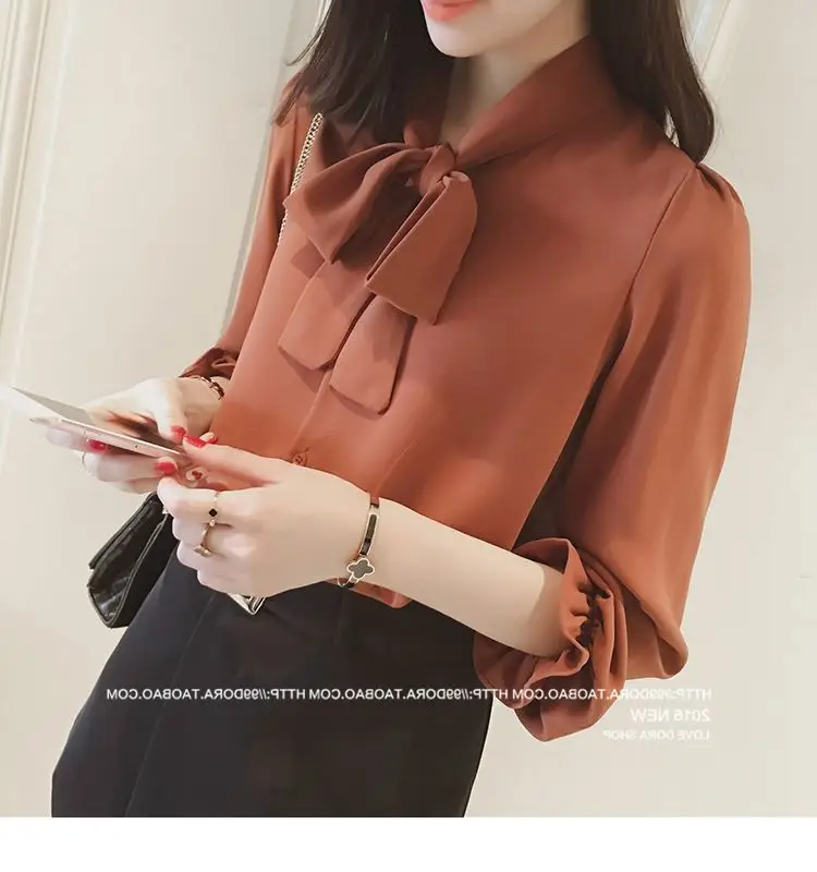 White Bow Long Sleeve Chiffon Shirt for Women — feature 14