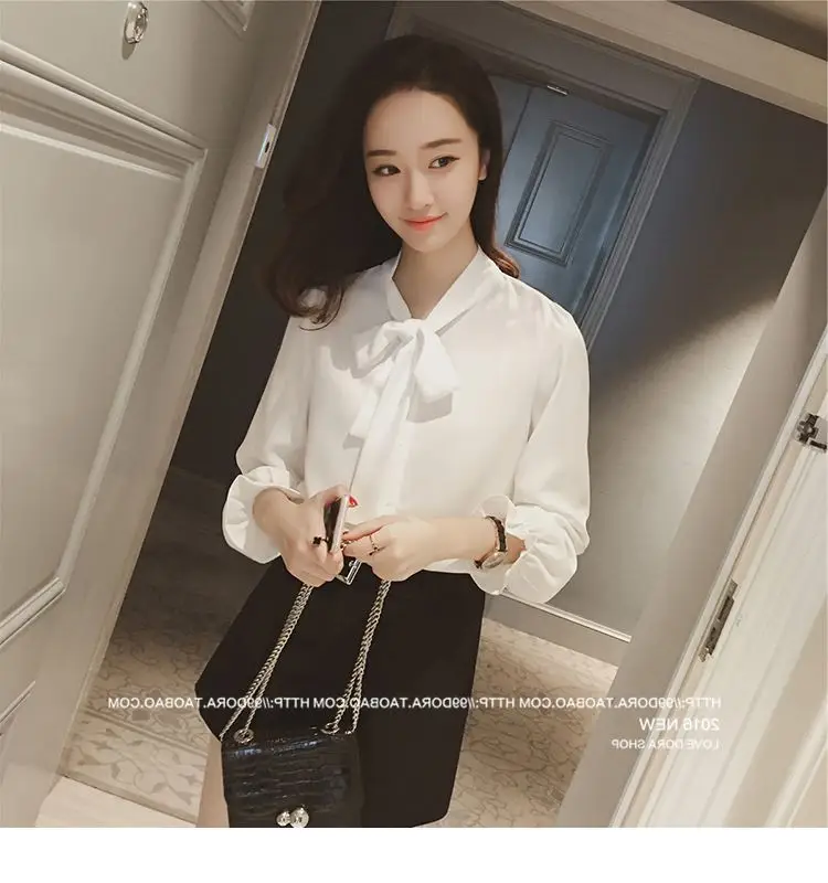 White Bow Long Sleeve Chiffon Shirt for Women — feature 23