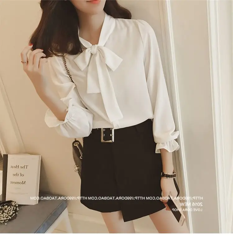 White Bow Long Sleeve Chiffon Shirt for Women — feature 26