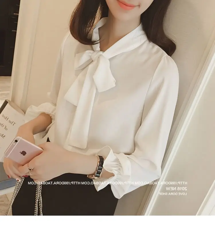 White Bow Long Sleeve Chiffon Shirt for Women — feature 27