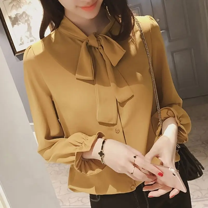 White Bow Long Sleeve Chiffon Shirt for Women - Image 3