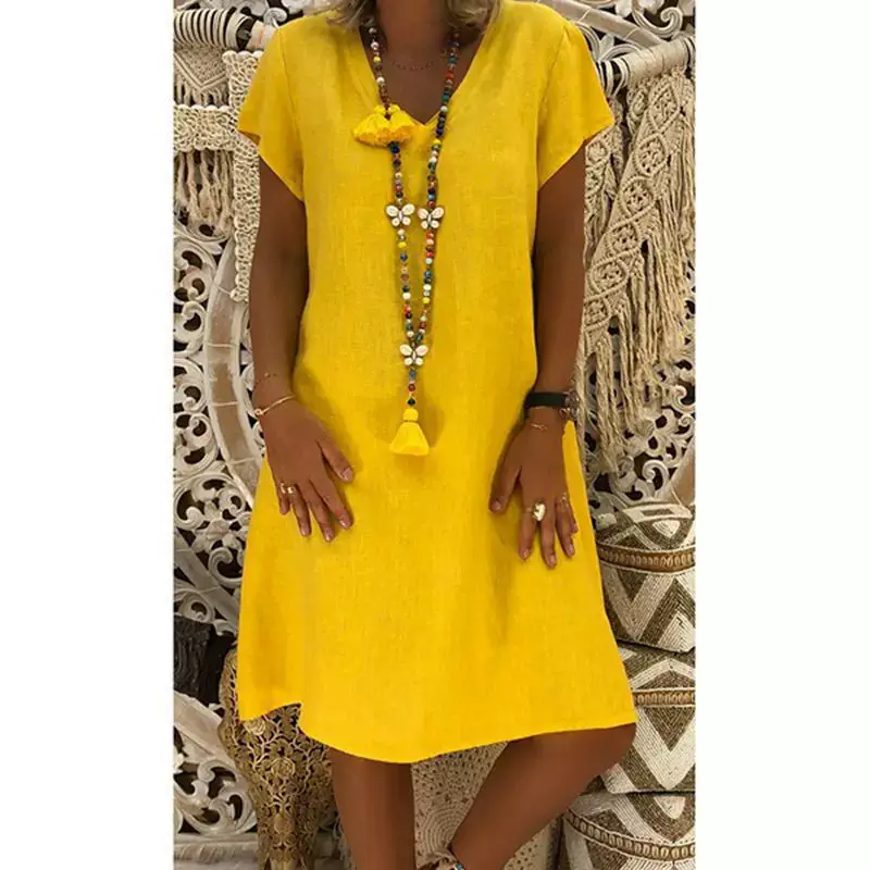 V-Neck Short Sleeve Skirt Dress Orange Large — feature 3