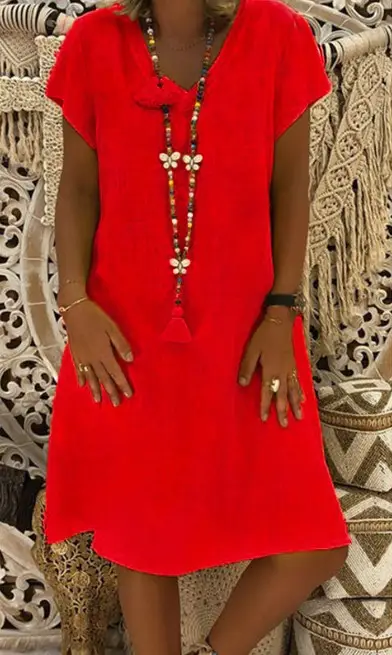 V-Neck Short Sleeve Skirt Dress Orange Large - Image 2