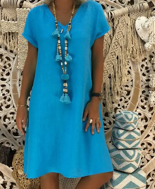 V-Neck Short Sleeve Skirt Dress Orange Large - Image 7
