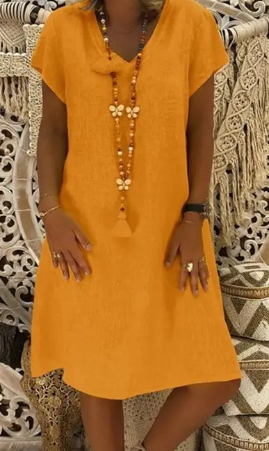 V-Neck Short Sleeve Skirt Dress Orange Large - Image 8