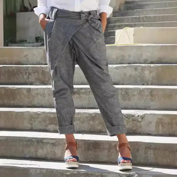 2024 Women's Hot Style Bow Pants Grey Cuffed - Image 8