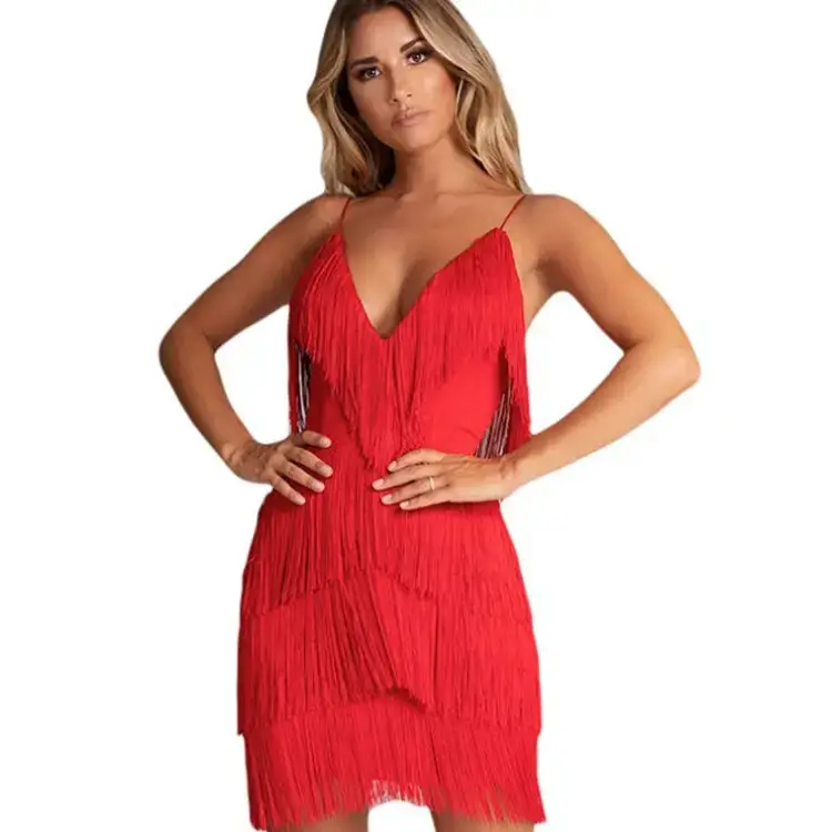 Black Backless Dress with Tassel Splicing Deep V Neck - Image 12