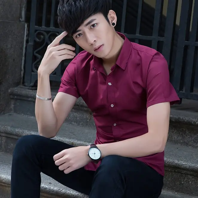 Men's Maroon Slim Fit Short Sleeve Shirt Large - Image 4