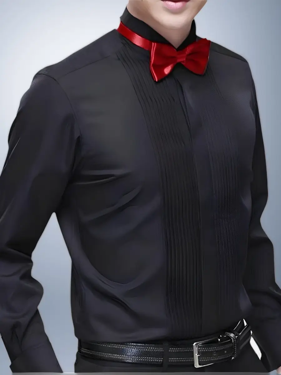 Men's Pure Black Long Sleeve Chorus Costume Shirt with Red Tie - Image 2
