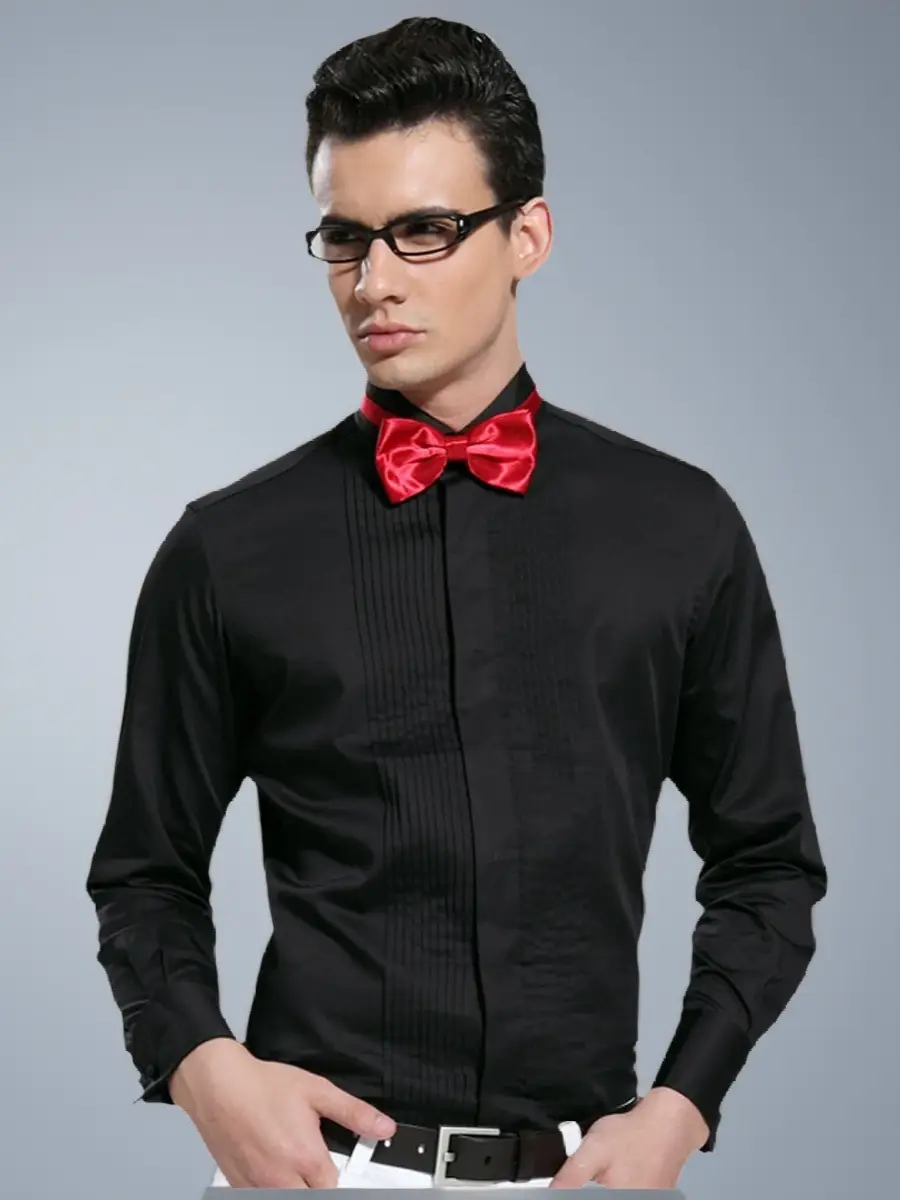 Men's Pure Black Long Sleeve Chorus Costume Shirt with Red Tie - Image 3