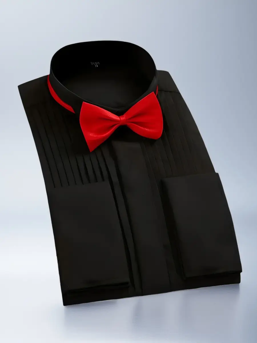 Men's Pure Black Long Sleeve Chorus Costume Shirt with Red Tie - Image 6