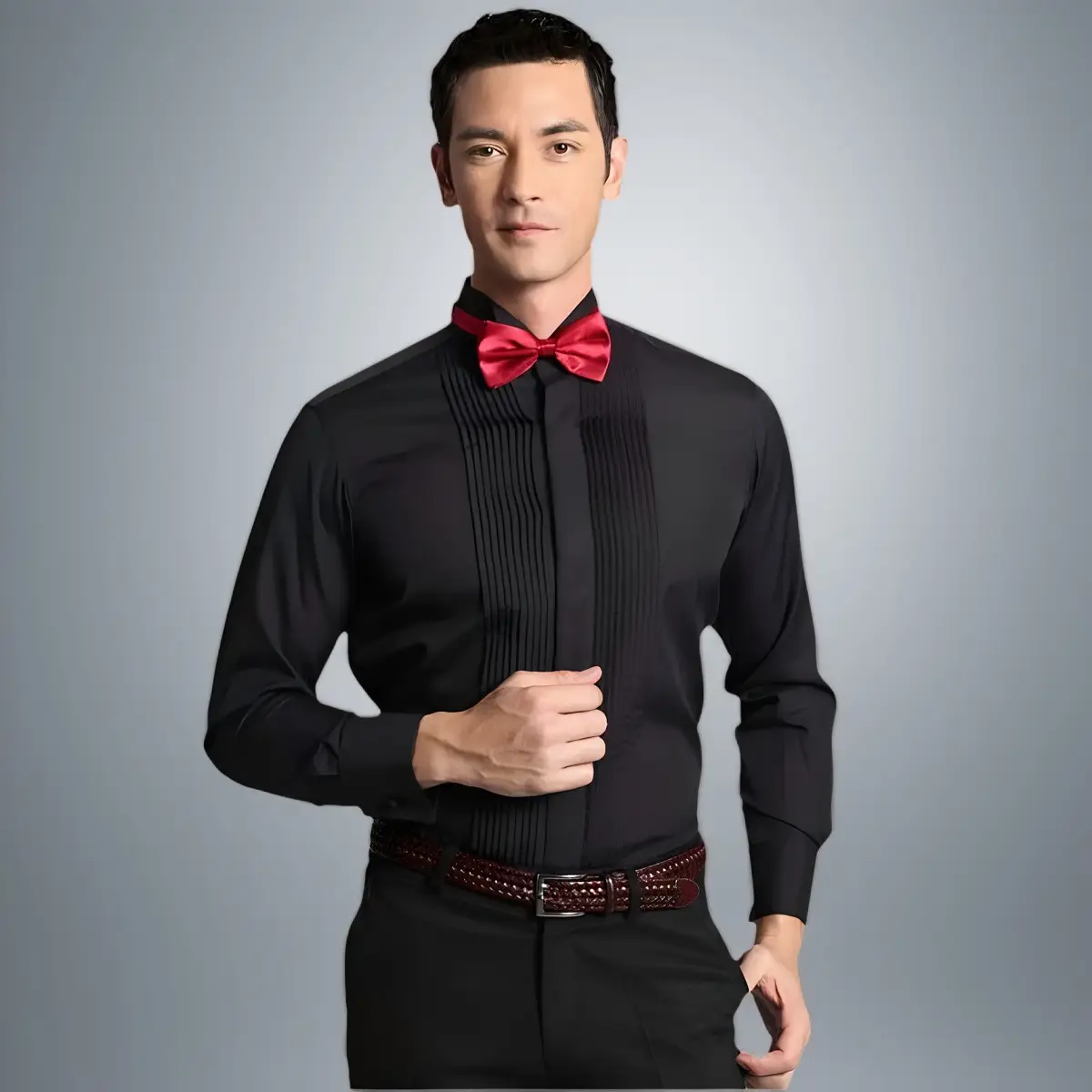 Men's Pure Black Long Sleeve Chorus Costume Shirt with Red Tie — feature 11