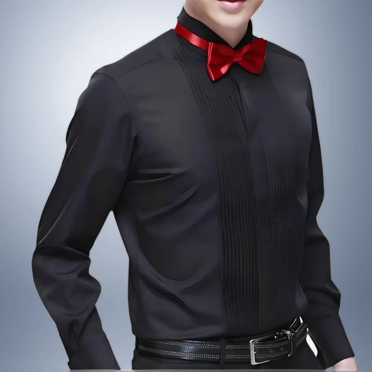 Men's Pure Black Long Sleeve Chorus Costume Shirt with Red Tie — feature 13