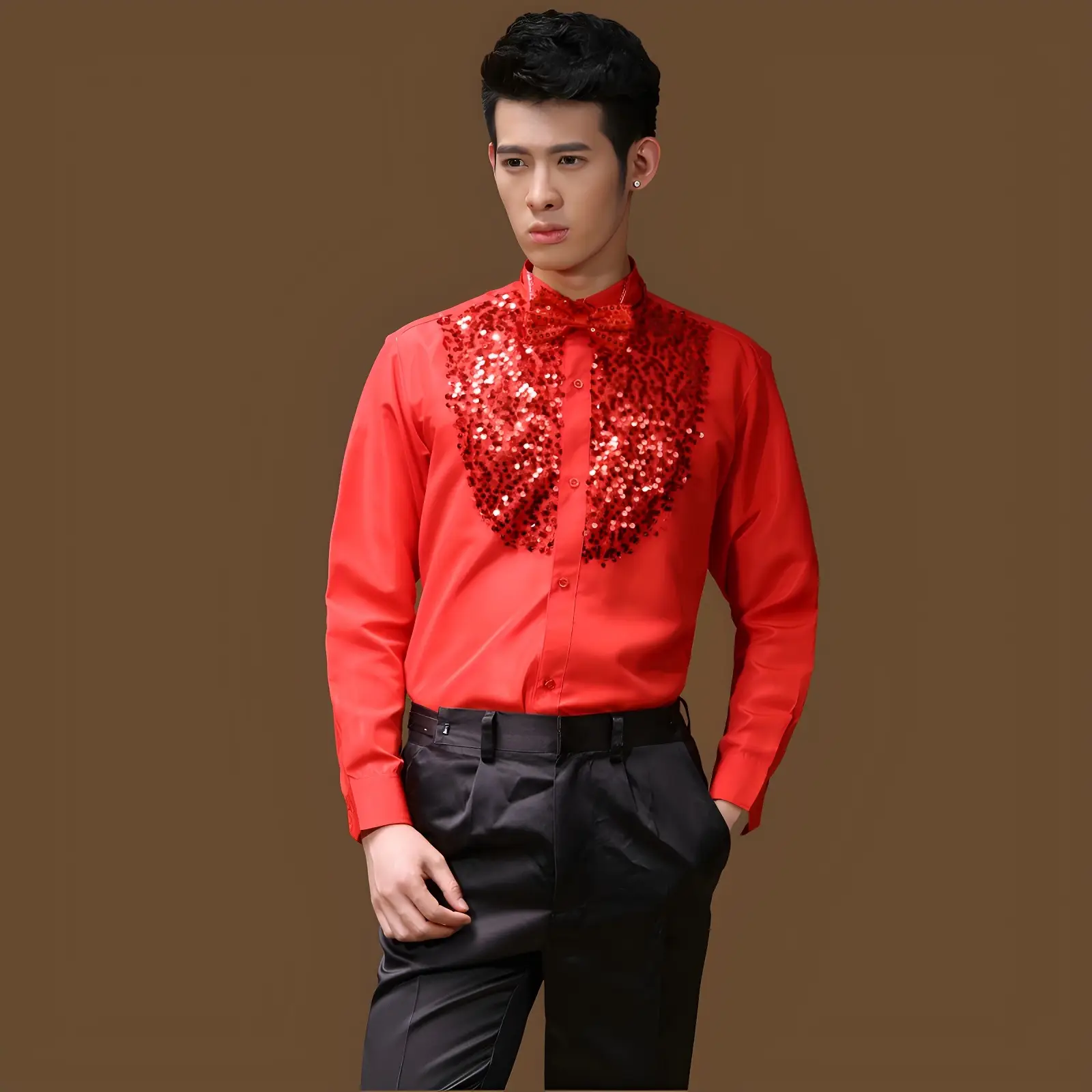 Red Sequin Men's Evening Shirt with Back Zip — feature 19