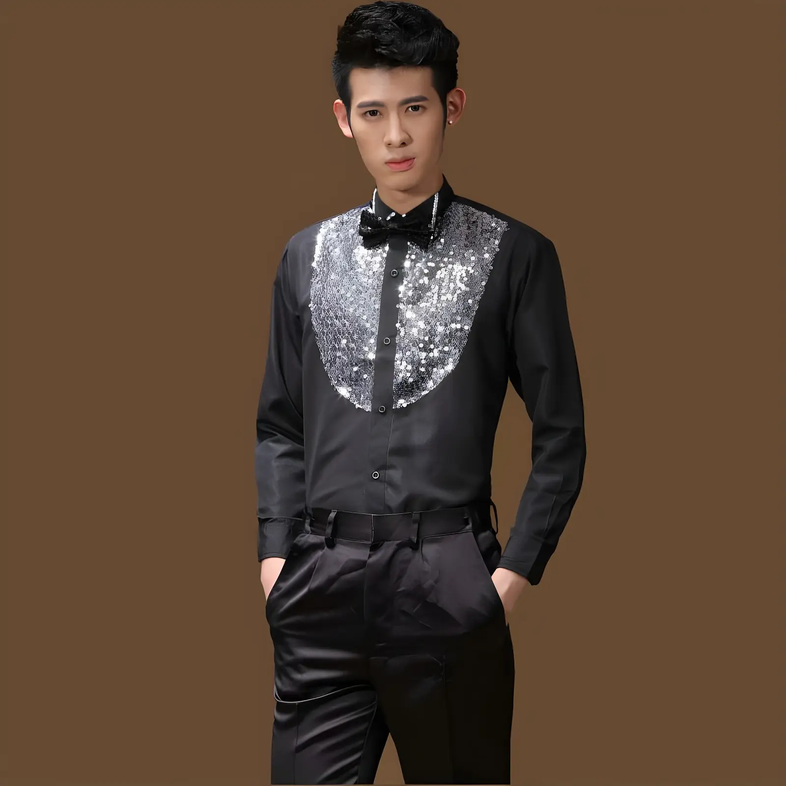 Red Sequin Men's Evening Shirt with Back Zip — feature 23