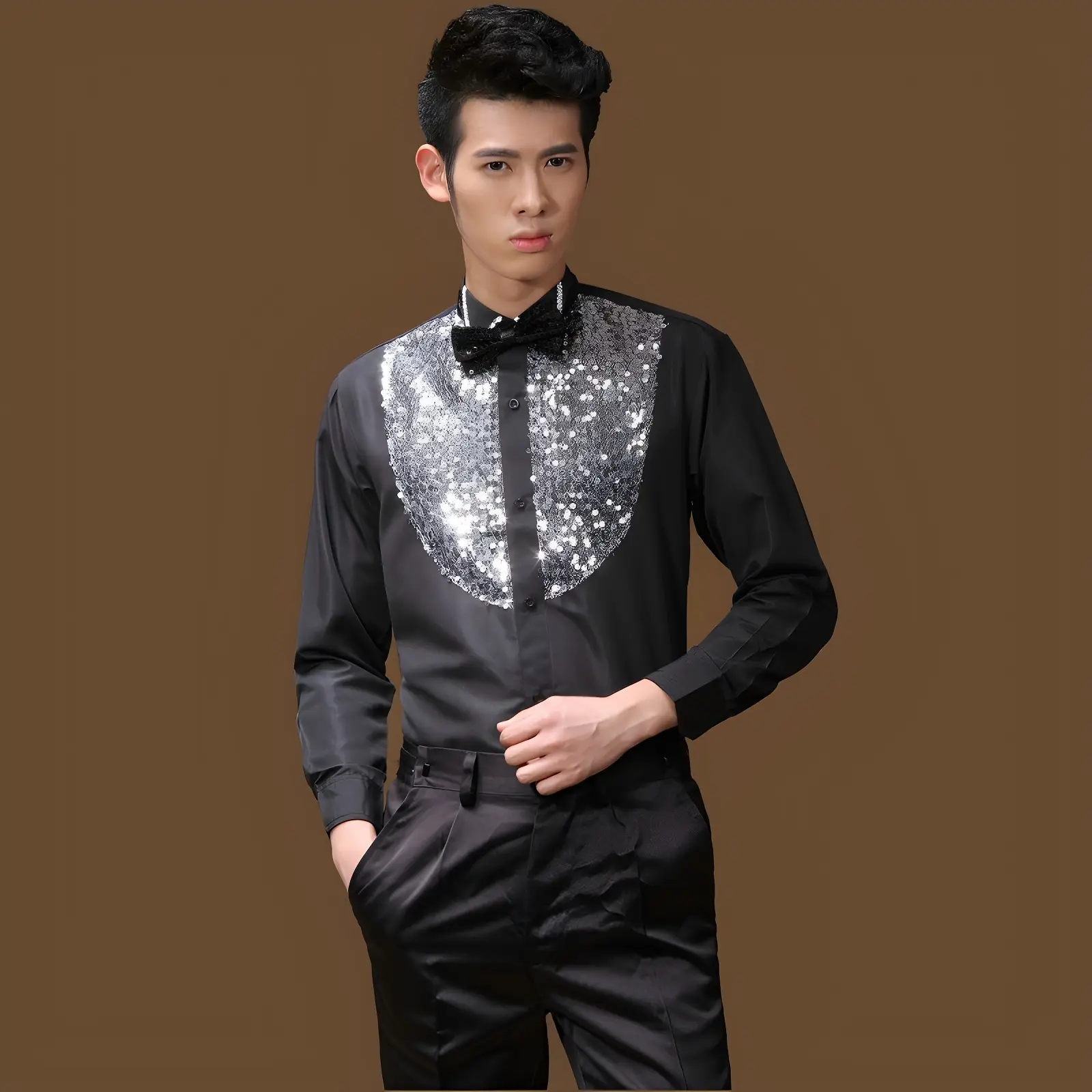 Red Sequin Men's Evening Shirt with Back Zip