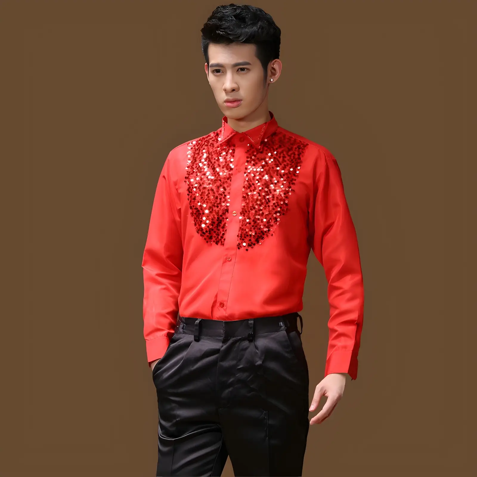 Red Sequin Men's Evening Shirt with Back Zip