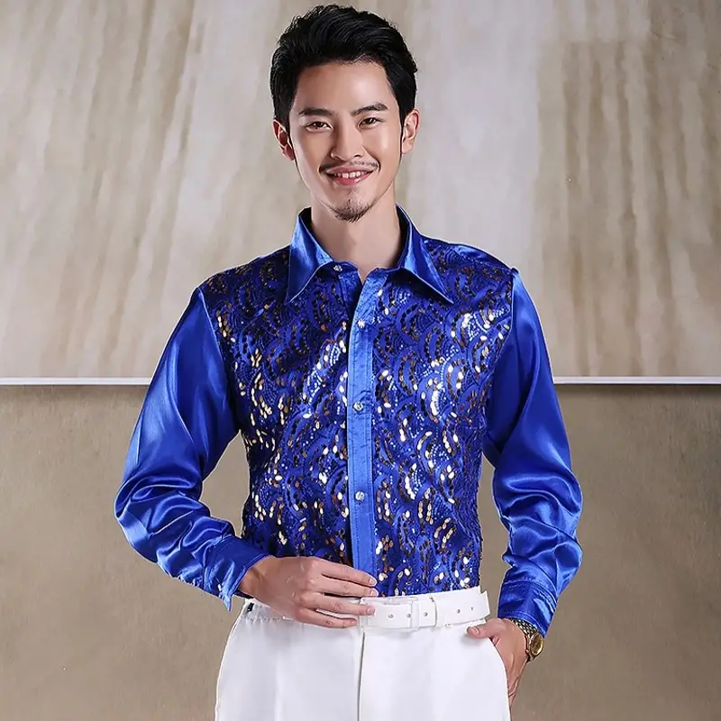Men's White Chorus Sequin Shirt Middle Age Elderly Art Evening Red Song Dance Performance Stage Costume
