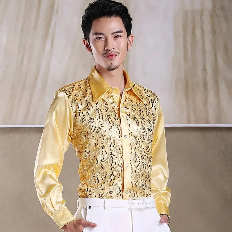 Men's White Chorus Sequin Shirt Middle Age Elderly Art Evening Red Song Dance Performance Stage Costume