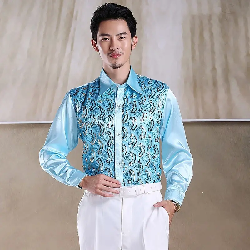 Men's White Chorus Sequin Shirt Middle Age Elderly Art Evening Red Song Dance Performance Stage Costume