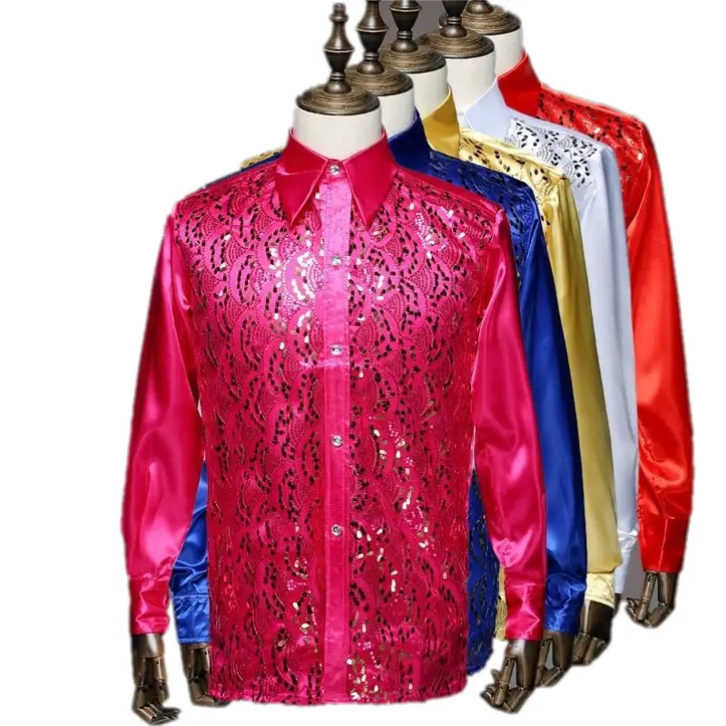 Men's White Chorus Sequin Shirt Middle Age Elderly Art Evening Red Song Dance Performance Stage Costume