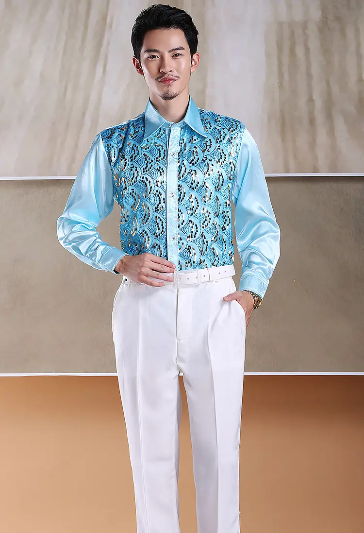 Men's White Chorus Sequin Shirt Middle Age Elderly Art Evening Red Song Dance Performance Stage Costume — feature 10