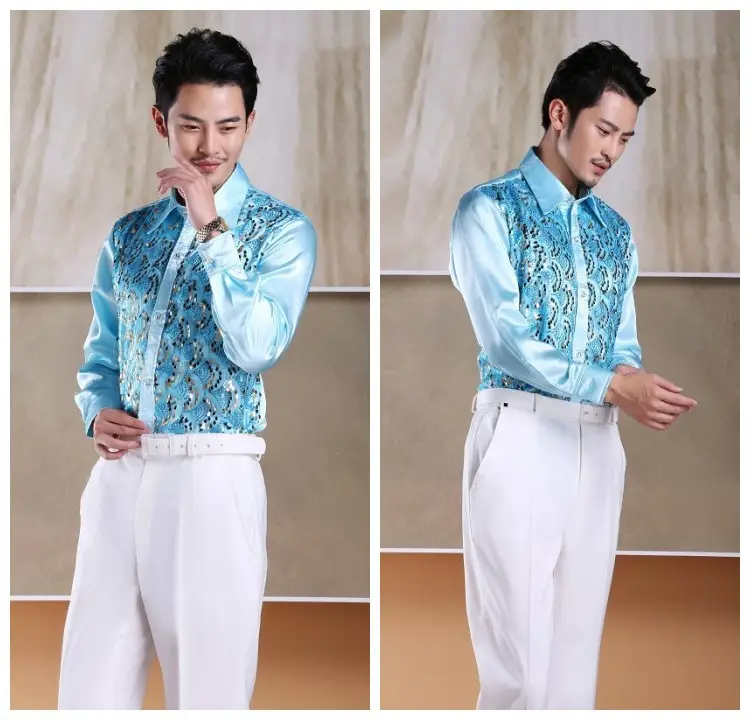 Men's White Chorus Sequin Shirt Middle Age Elderly Art Evening Red Song Dance Performance Stage Costume — feature 11