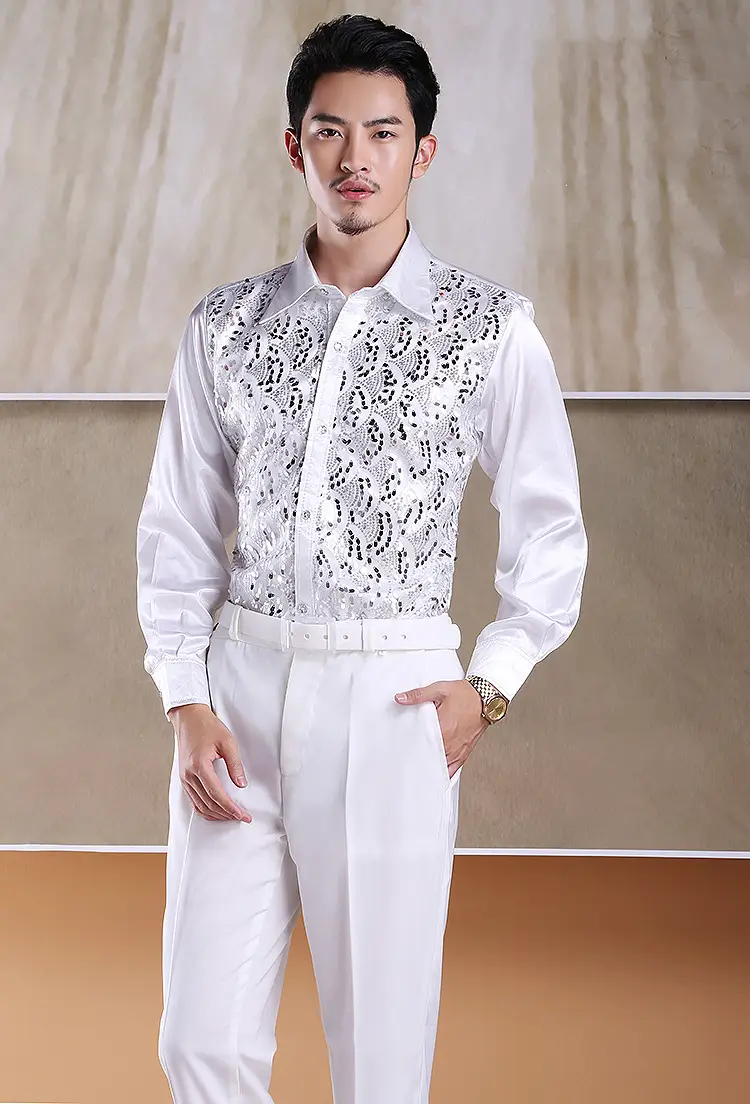 Men's White Chorus Sequin Shirt Middle Age Elderly Art Evening Red Song Dance Performance Stage Costume — feature 12