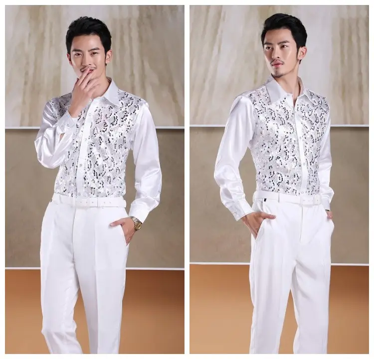 Men's White Chorus Sequin Shirt Middle Age Elderly Art Evening Red Song Dance Performance Stage Costume — feature 13