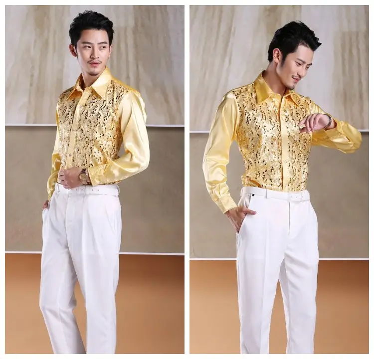 Men's White Chorus Sequin Shirt Middle Age Elderly Art Evening Red Song Dance Performance Stage Costume — feature 15