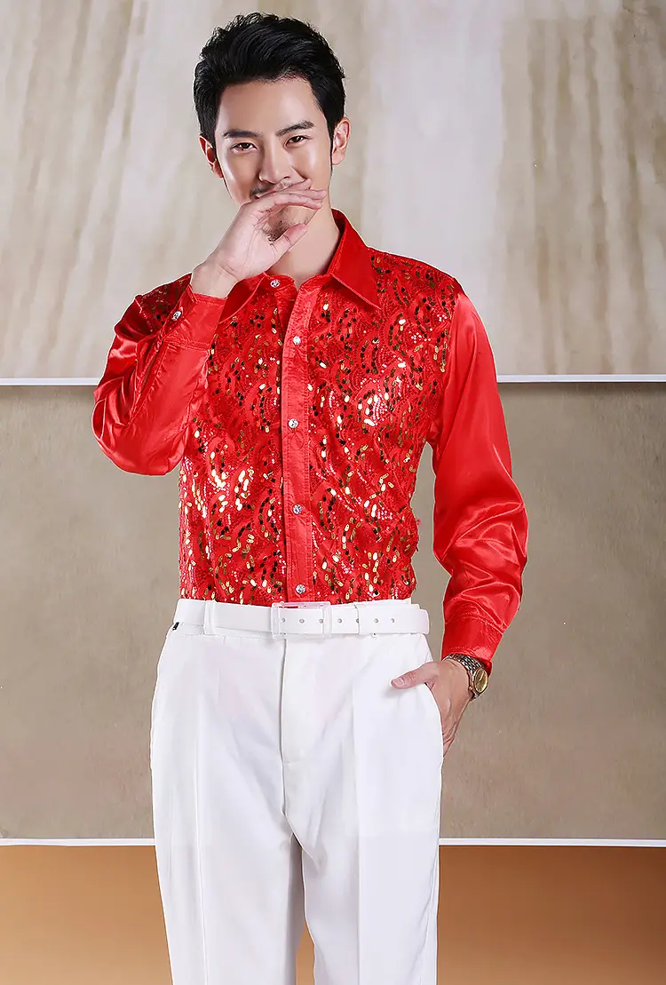 Men's White Chorus Sequin Shirt Middle Age Elderly Art Evening Red Song Dance Performance Stage Costume — feature 16