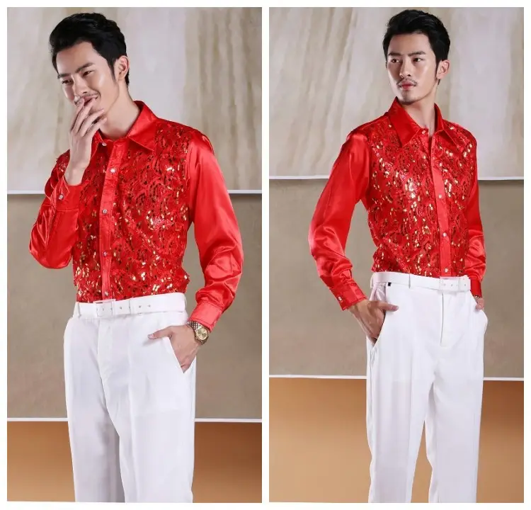 Men's White Chorus Sequin Shirt Middle Age Elderly Art Evening Red Song Dance Performance Stage Costume — feature 17