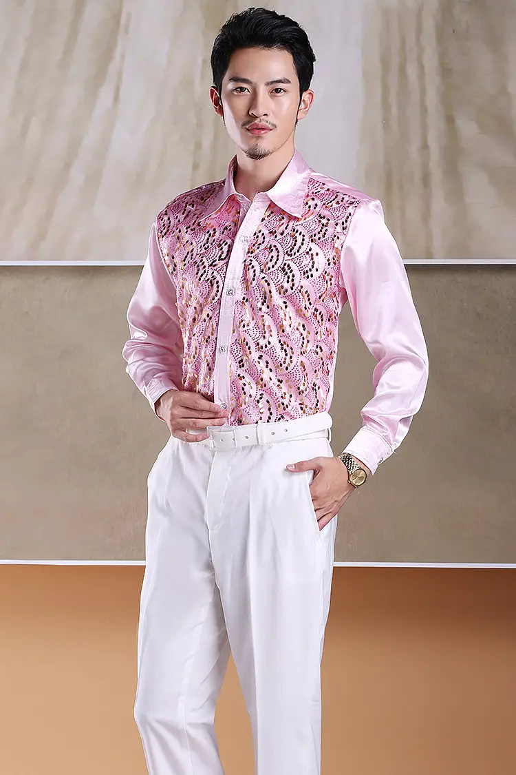 Men's White Chorus Sequin Shirt Middle Age Elderly Art Evening Red Song Dance Performance Stage Costume — feature 18