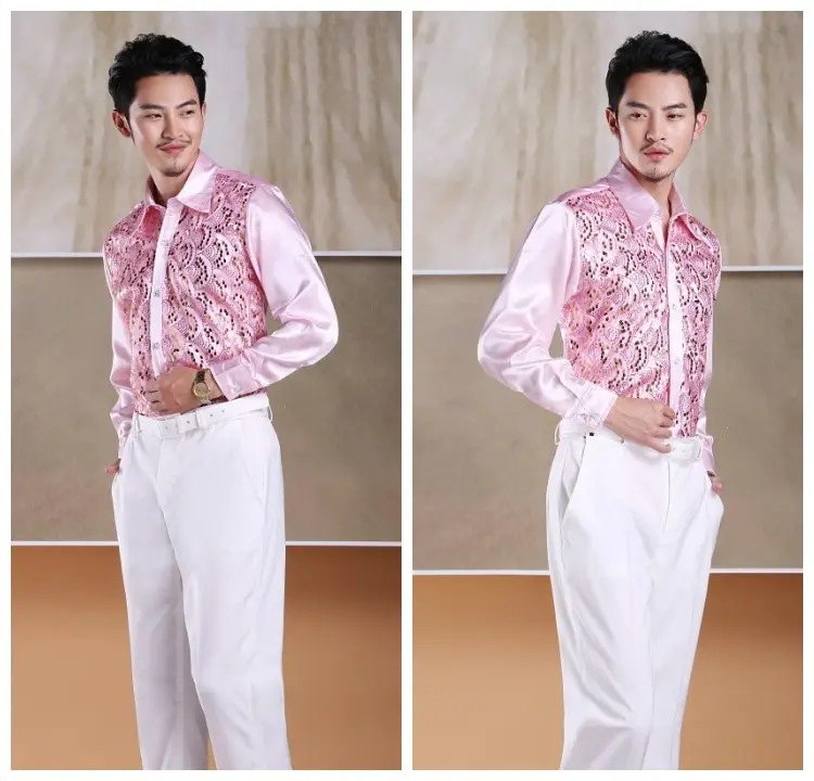 Men's White Chorus Sequin Shirt Middle Age Elderly Art Evening Red Song Dance Performance Stage Costume — feature 19