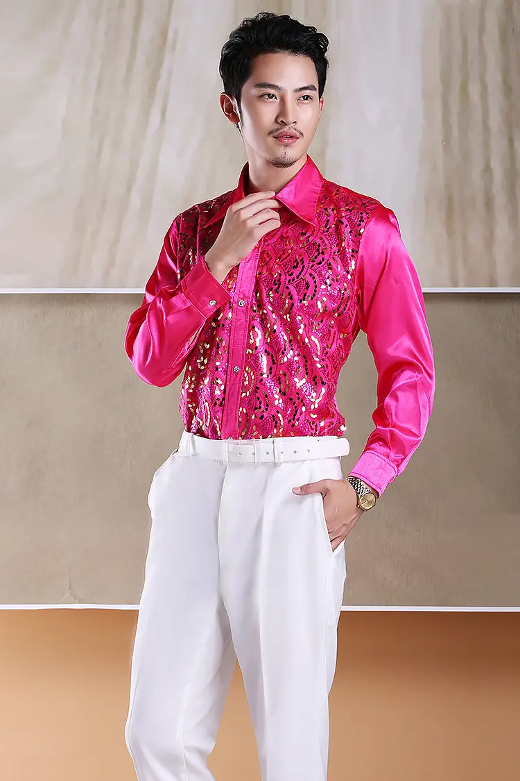 Men's White Chorus Sequin Shirt Middle Age Elderly Art Evening Red Song Dance Performance Stage Costume — feature 20