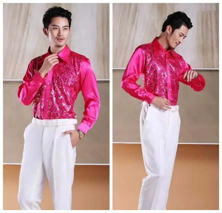 Men's White Chorus Sequin Shirt Middle Age Elderly Art Evening Red Song Dance Performance Stage Costume — feature 21