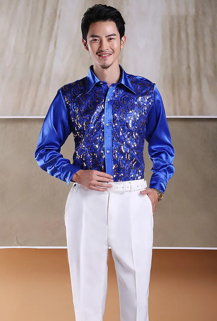 Men's White Chorus Sequin Shirt Middle Age Elderly Art Evening Red Song Dance Performance Stage Costume — feature 8
